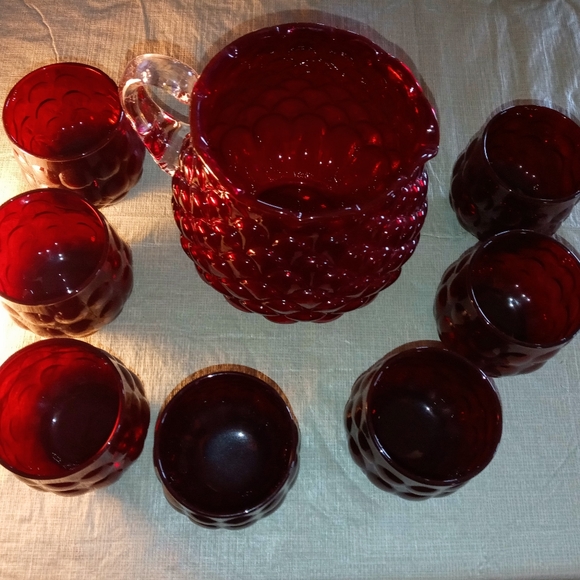 Vintage Fenton Cranberry Pink Opalescent Hobnail Pitcher - Etsy Fenton pitcher and glasses set juice on rocks red Valentine\'s Day large hobnail